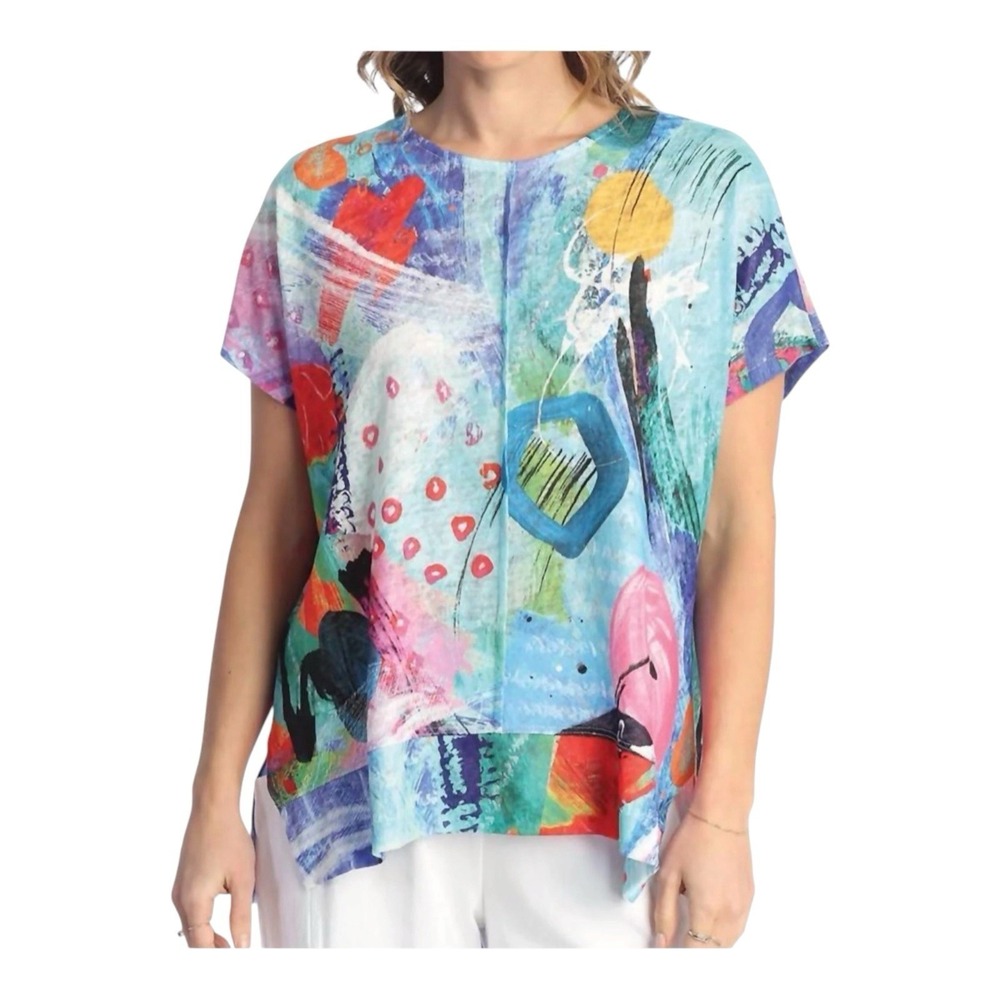Jess And Jane Canvas Front Seam Light Knit Top Sz XL Art To Wear High Low Artsy